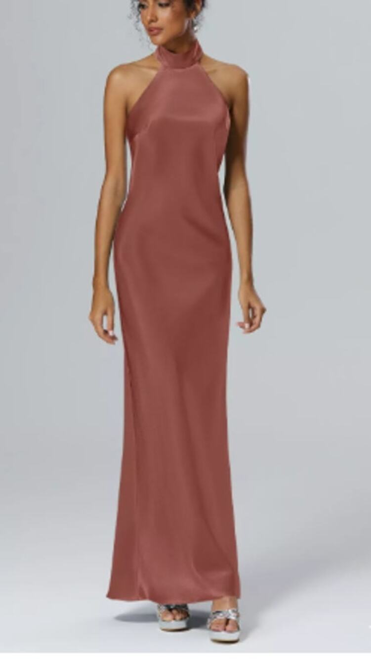 AW BRIDAL 2 XS desert rose Mugwort satin halter bridesmaid maxi dress NEW B35